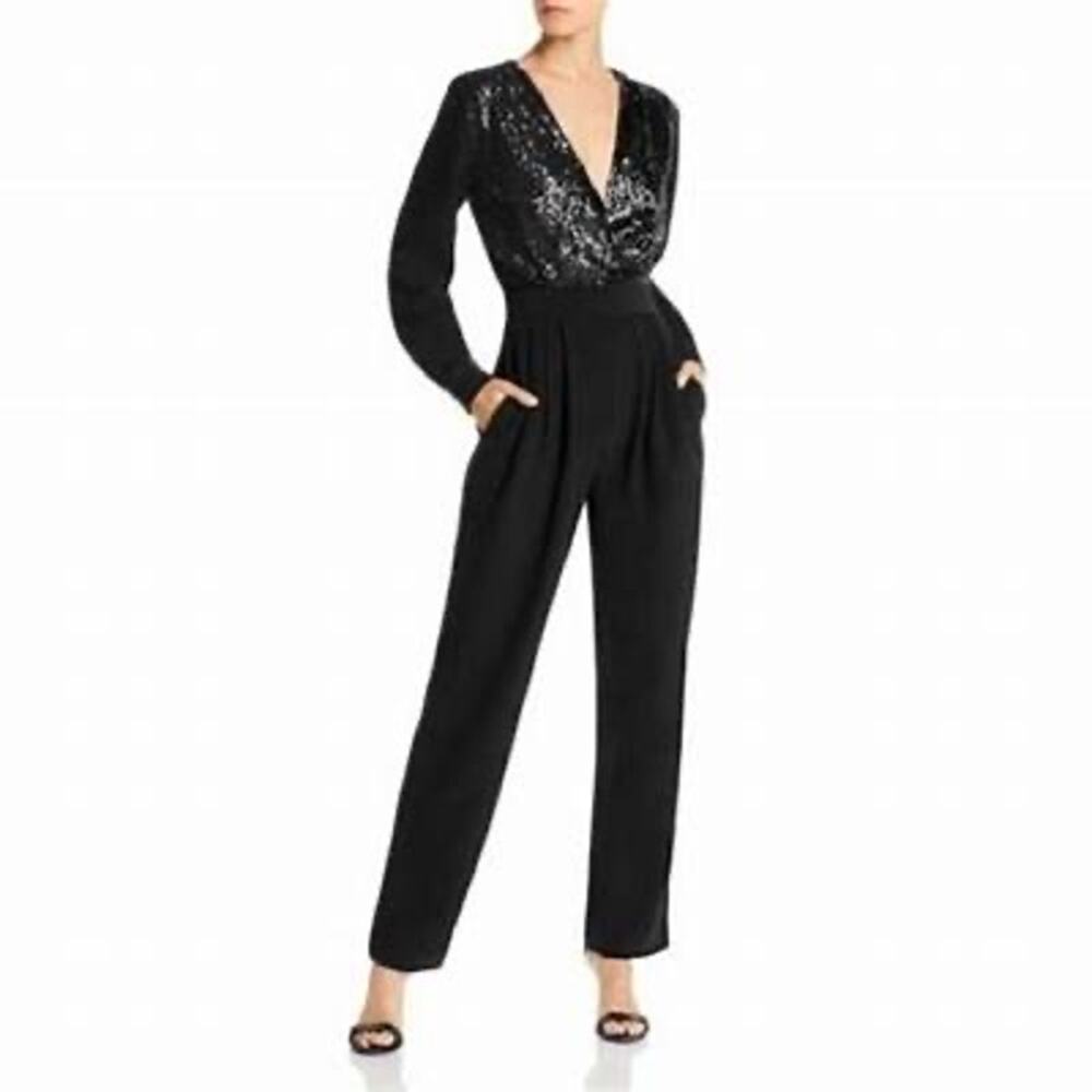 LINI Black Stella Sequin Faux Wrap Surplice Long Sleeve Party Jumpsuit Size XS